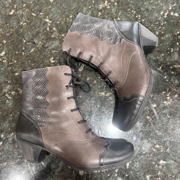 Remonte Shoes - Lace Up Ankle Boots Leather Booties Snakeskin Metallic Brown Gray Black Women 40